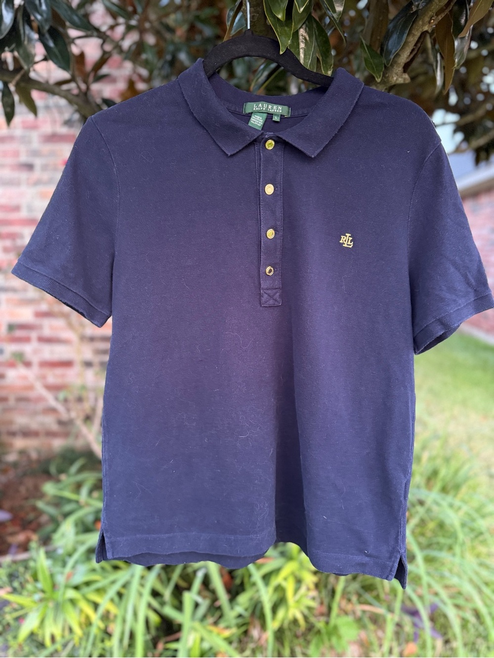 Lauren Ralph Lauren Navy Cotton Polo Shirt Gold RL Logo Women’s L - Picture 2 of 7
